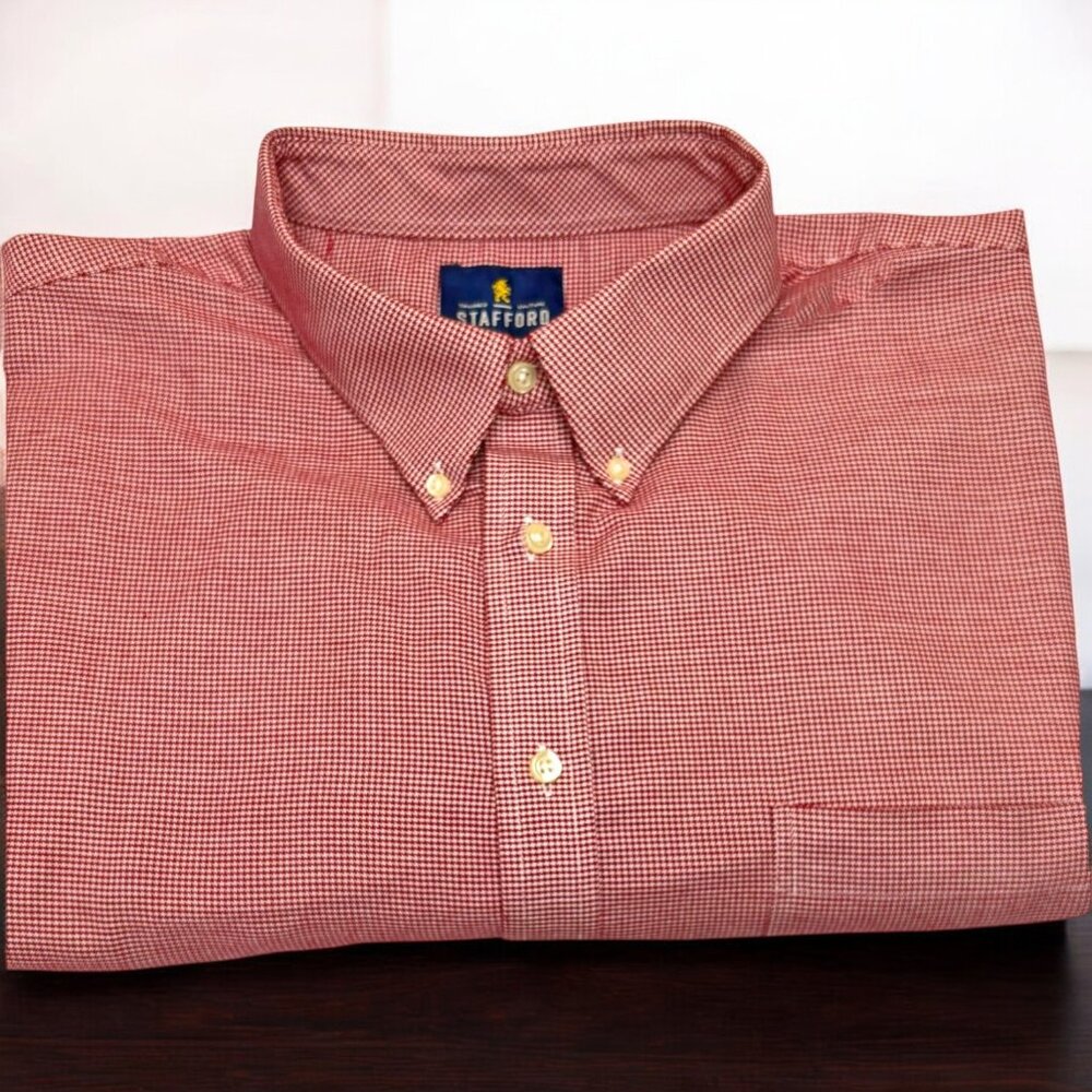 STAFFORD Travel Red Houndstooth Wrinkle Free Oxford‎